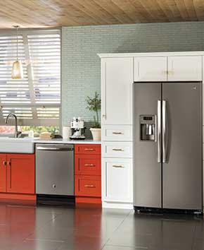 modern kitchen with stainless steel dishwasher and fridge